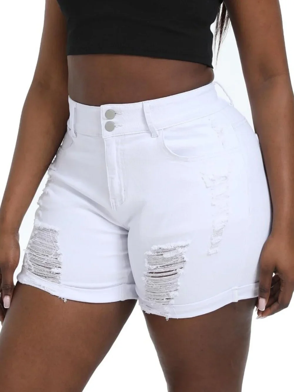 Plus Size High Waisted Distressed Jean Shorts for Women - Stretchy Denim Fold
